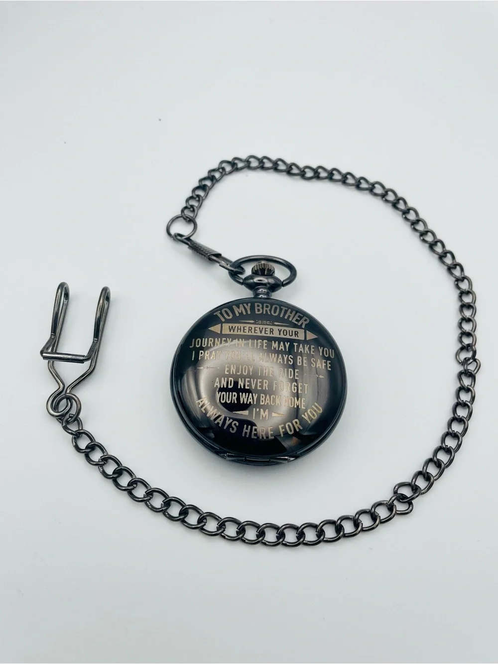 Engraved Gunmetal Pocket Watch with Chain - 